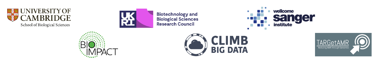 Logos of supporting institutions: School of Biological Sciences, University of Cambridge, UKRI BBSRC, Wellcome Sanger Institute, Bioscience Impact Team, CLIMB Big Data, Target AMR