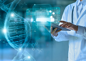 Medicine doctor touching electronic medical record on tablet. DNA. Digital healthcare and network connection on hologram modern virtual screen interface, medical technology and network concept.