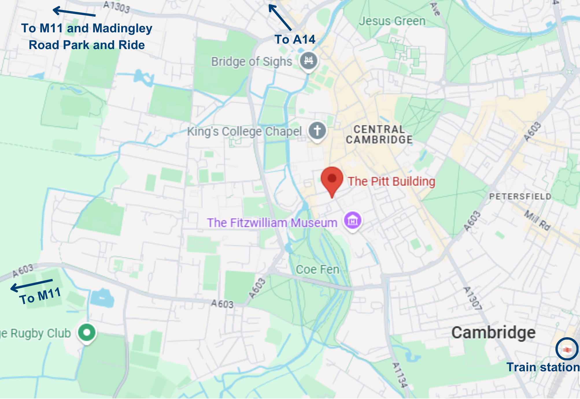 Map of Cambridge showing Pitt Building and Train Station