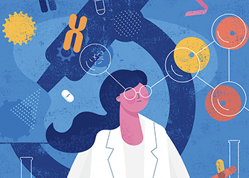 illustration of woman in the lab with microscope behind