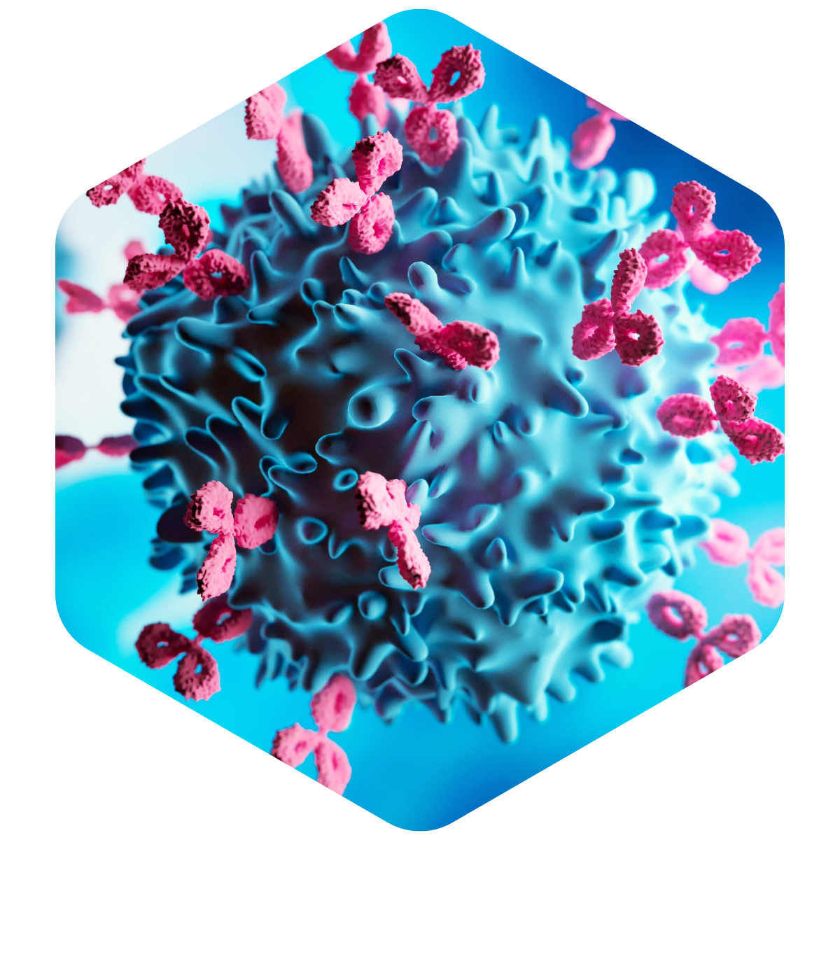 Breakthrough biology for cancer research 3D illustration of Antibodies and cancer cell floating on blue cell background