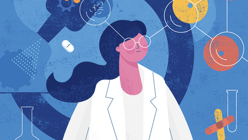 illustration of woman scientist with microscope in the background