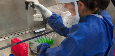 Female scientist pipetting