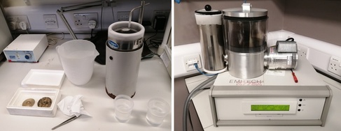 Manual setup for plunge-freezing in liquid ethane (left) and sample transfer via liquid nitrogen-cooled brass inserts to a LN2-cooled freeze-drier