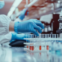 person wearing lab coat and blue gloves in the lab. Credit: Tung Lam from Pixabay