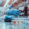 person wearing lab coat and blue gloves in the lab. Credit: Tung Lam from Pixabay