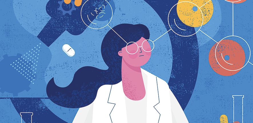 illustration of woman in the lab with microscope behind