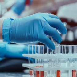 person wearing lab coat and blue gloves in the lab. Credit: Tung Lam from Pixabay