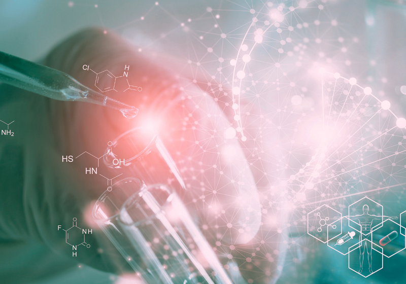 Human biology and pharmaceutical technology on laboratory background