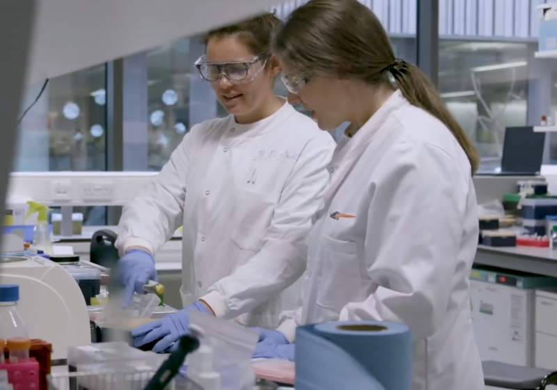 Ioanna Mela and colleague working in the lab