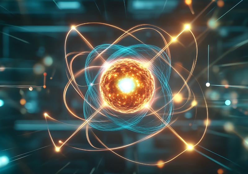 Atom model orbiting, digital backdrop