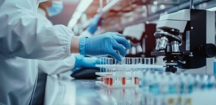 person wearing lab coat and blue gloves in the lab. Credit: Tung Lam from Pixabay
